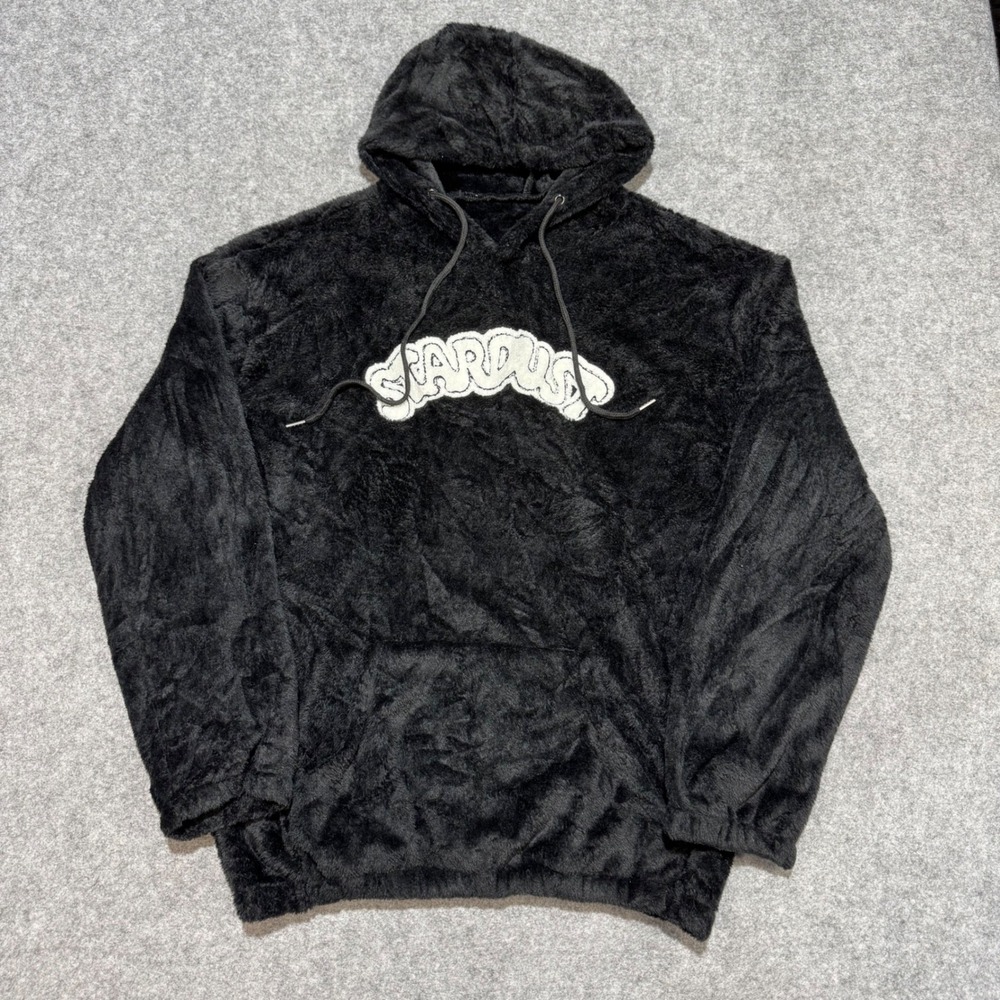 Stardust Mens Black Fuzzy Faux Fur Logo Hoodie Pullover Streetwear Large